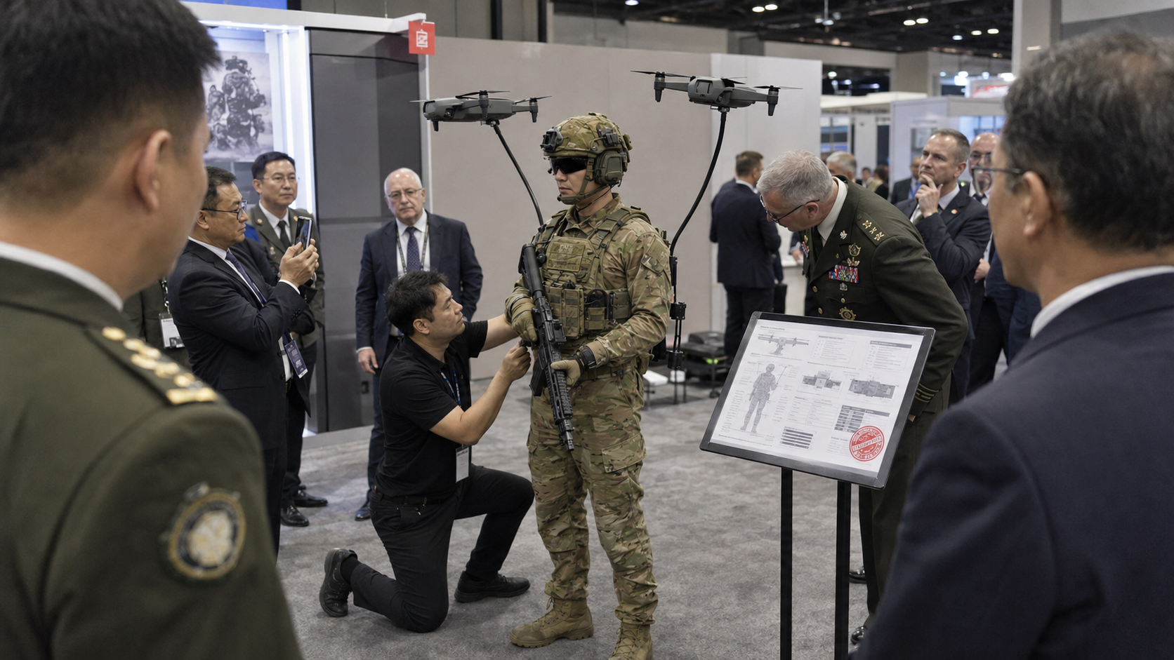 A soldier in full kit stands in a demo area with two quadcopter drones held above his shoulders on visible carbon rods rising from his back frame, simulating an autonomous escort formation. A technician kneels adjusting his rig while officers inspect and an attendee photographs the red-stamped spec placard.