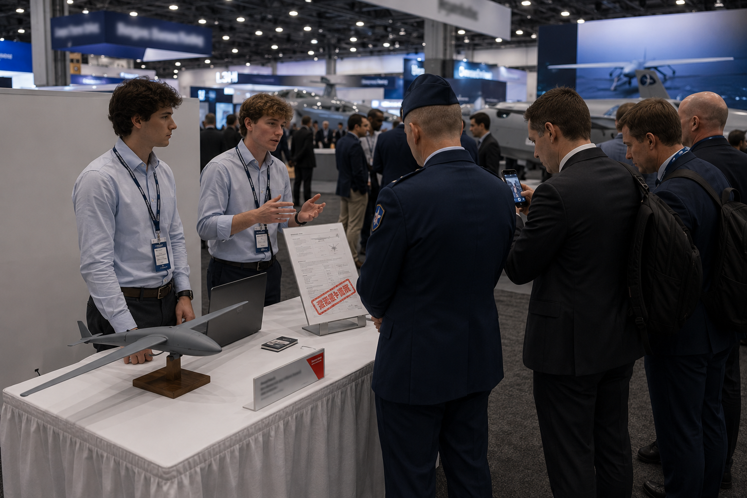 A small trade-show booth staffed by two young exhibitors. A 3D-printed drone model sits on the table beside a red-stamped spec sheet, while a uniformed officer listens and a man in a suit photographs the sheet with his phone.