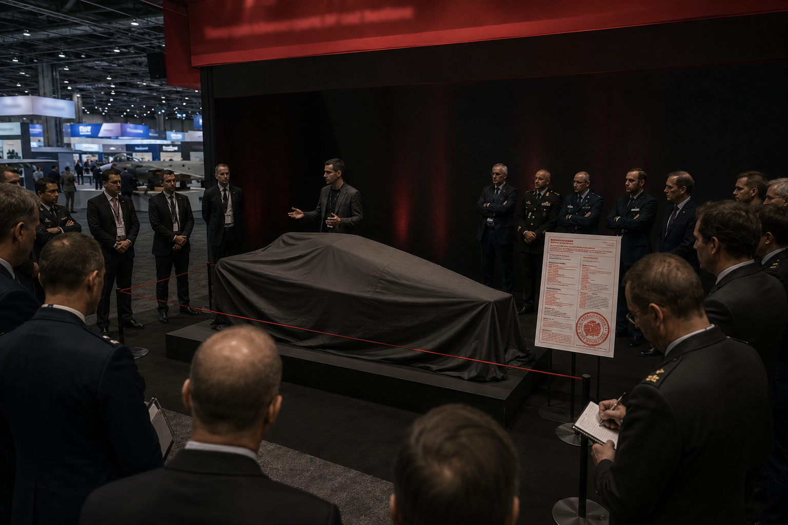 A darker red-lit pavilion on the conference floor. A shrouded object sits on a black plinth behind a thin red rope while a presenter addresses a silent semicircle of attendees in suits and uniforms. A placard beside it is printed in dense red ink.