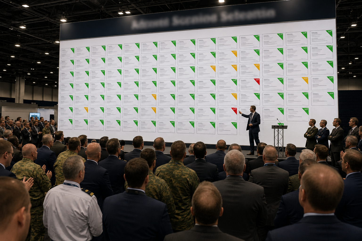 A crowd of attendees in suits and uniforms faces a wall-sized board covered in a grid of claim cards, most tagged green, some amber, a few red. A presenter on stage points at a red-tagged card.