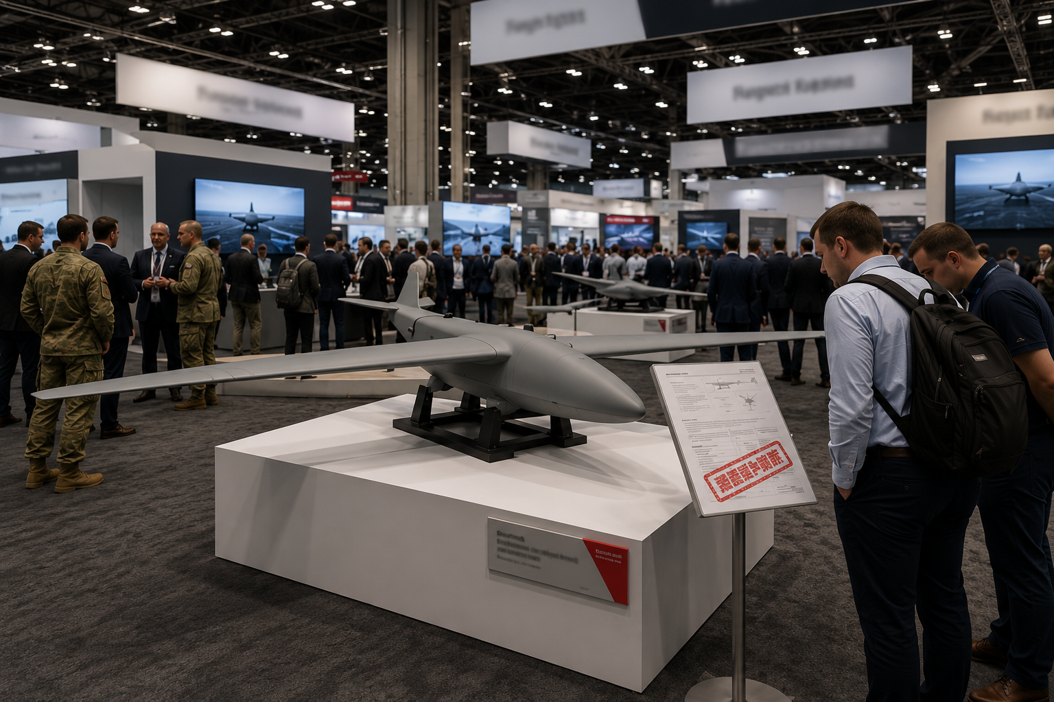A crowded defense trade-show floor. In the foreground, a gray autonomous aircraft concept mockup on a white plinth, with a spec sheet on a stand bearing a large red stamp. Attendees in suits and uniforms fill the aisles.