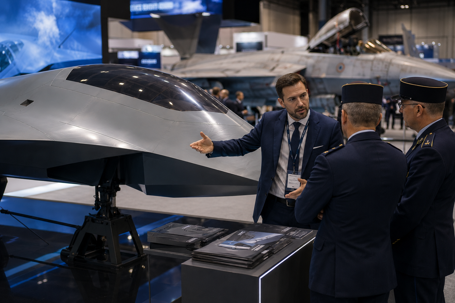 A salesman in a suit gestures at a pristine full-scale concept aircraft mockup while two air force officers listen. Behind them, a genuine weathered fighter sits at the neighboring booth.