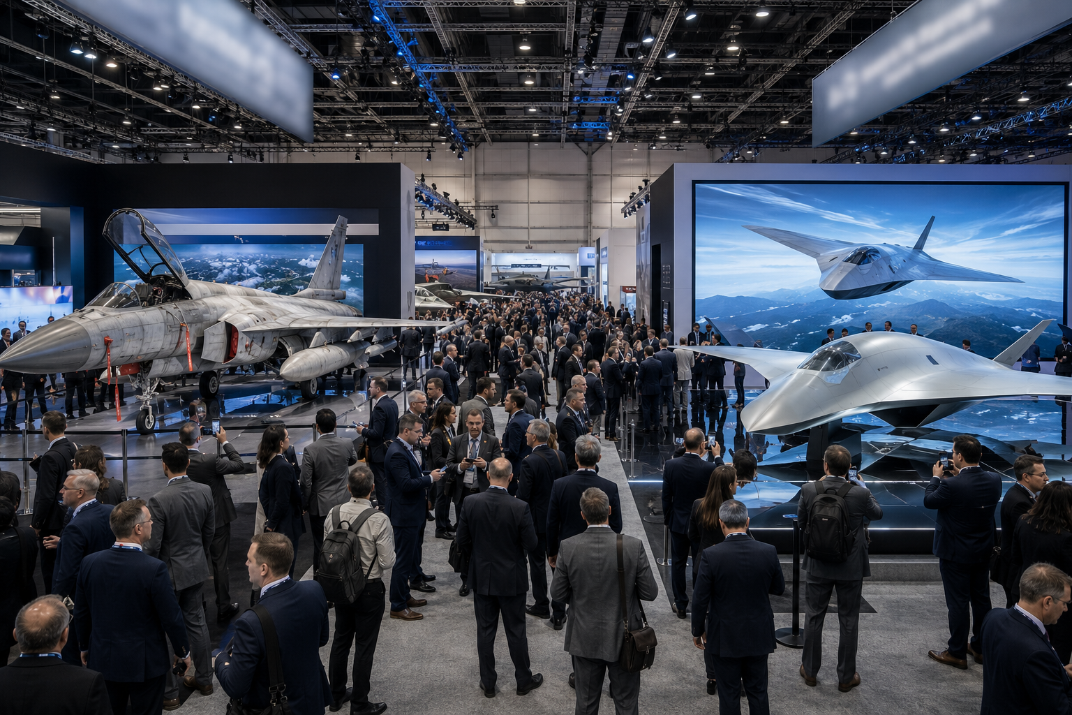 A crowded defense expo hall. On the left, a weathered fighter jet that has clearly flown; on the right, a flawless futuristic mockup on a mirror plinth backed by a cinematic render. Attendees photograph both with equal enthusiasm.