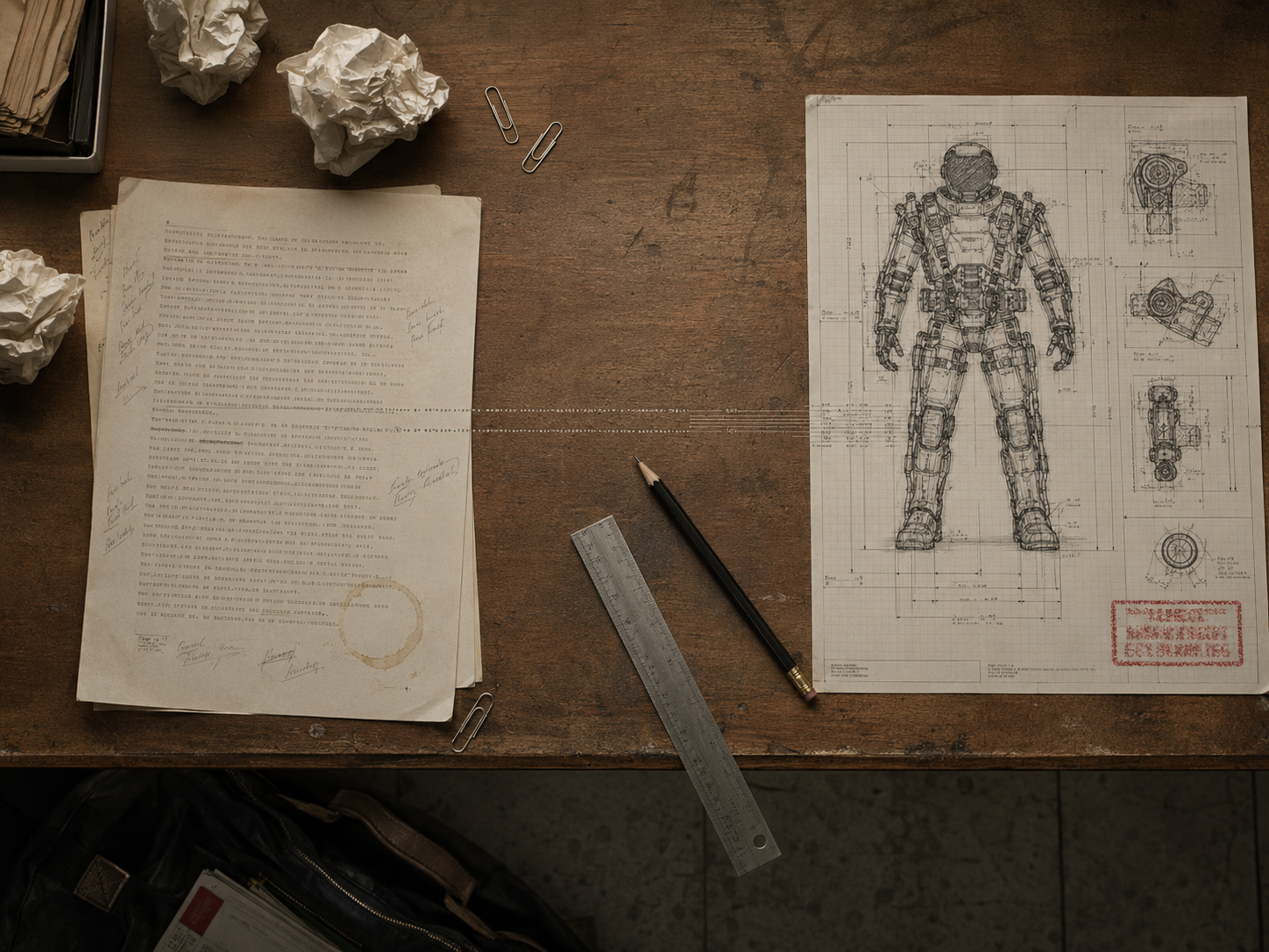 Overhead view of a worn wooden desk. On the left, a typed manuscript page with pencil edits and a coffee ring; on the right, a technical drawing of a soldier's exoskeleton with a red stamp. A few typed lines cross the desk and resolve into the drawing's dimension lines.